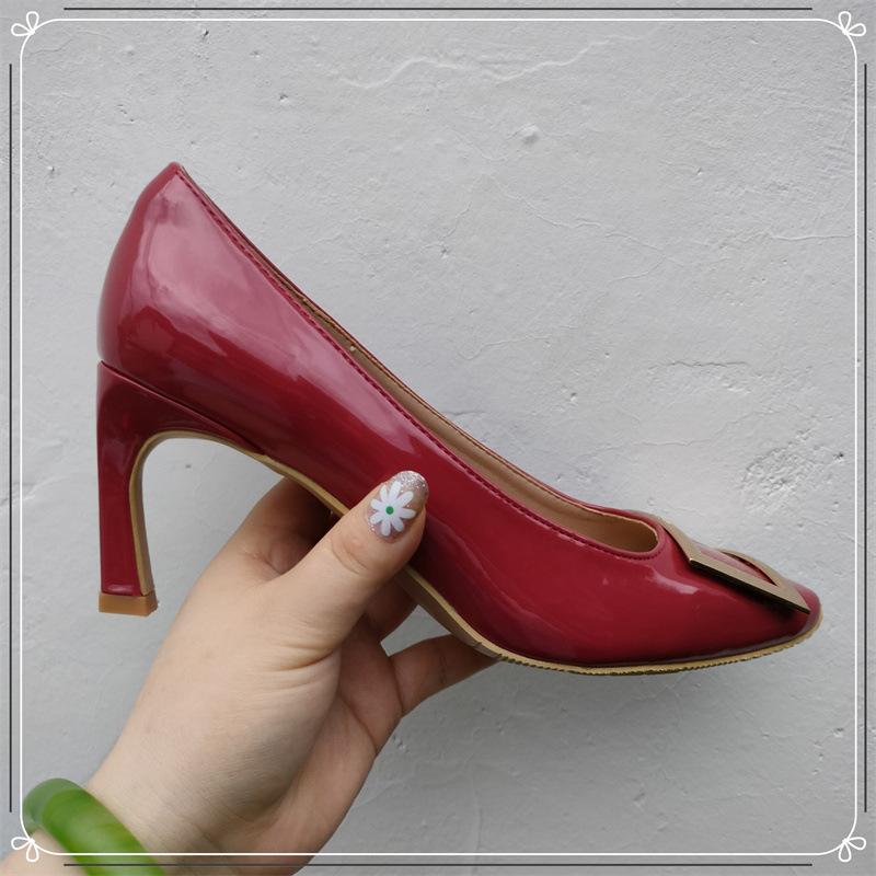 Lady Ww Classic Rv Square Buckle Small Square Head Shallow Mouth High Heels Women's Autumn and Winter New Thick Heel Flat Bottom Commuter Shoes