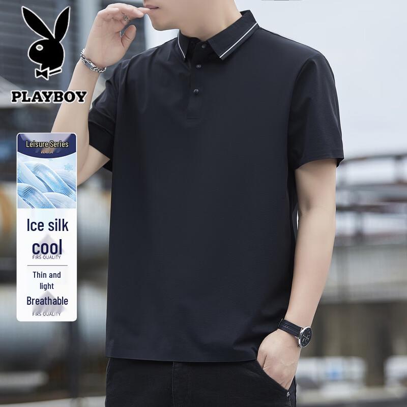 PLAYBOY Men s Ice Silk Business Casual Polo Shirt 5XL пиано-блэк
