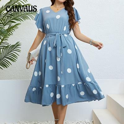 Sommerkleid für Damen in Übergröße mit Punkten, V-Ausschnitt, Taillengürtel