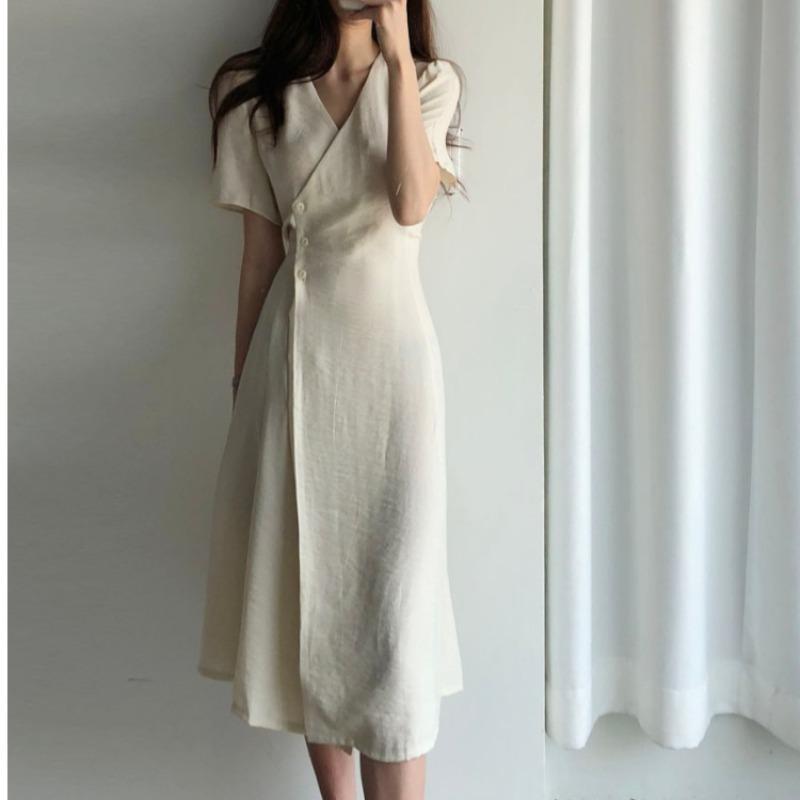 Women s Beige Linen Wrap Dress With V Neck And Buttons S бежевый