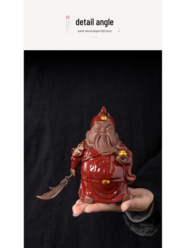 Guan Gong Martial Saint Statue: Ceramic Guan Yu Ornament for Tea Room, Living Room, or Study Decor.