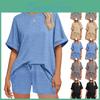 Womens Solid Color Casual Summer Suit Oversized Short Sleeve Tshirt Drawstring Shorts Sportswear