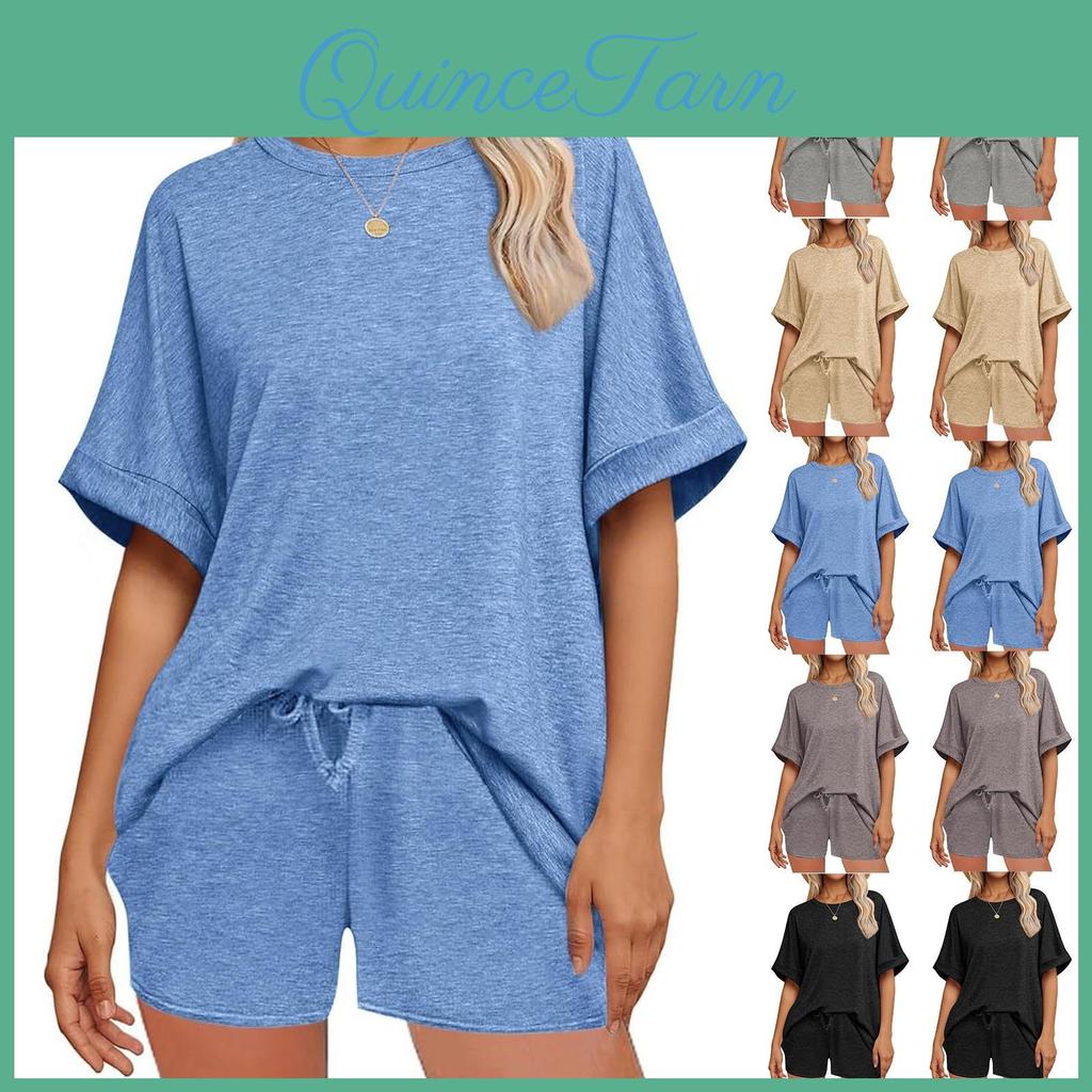 Womens Solid Color Casual Summer Suit Oversized Short Sleeve Tshirt Drawstring Shorts Sportswear