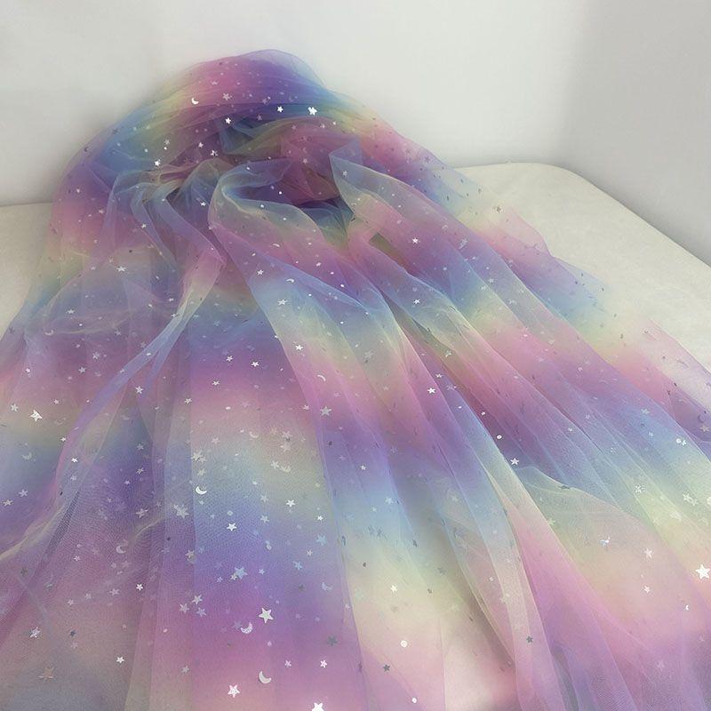 Gradient Rainbow Tulle Fabric Star Sequin By The Meter for Dress Hanfu Wedding Package DIY Sewing Cloth Soft Thin Draping Blue