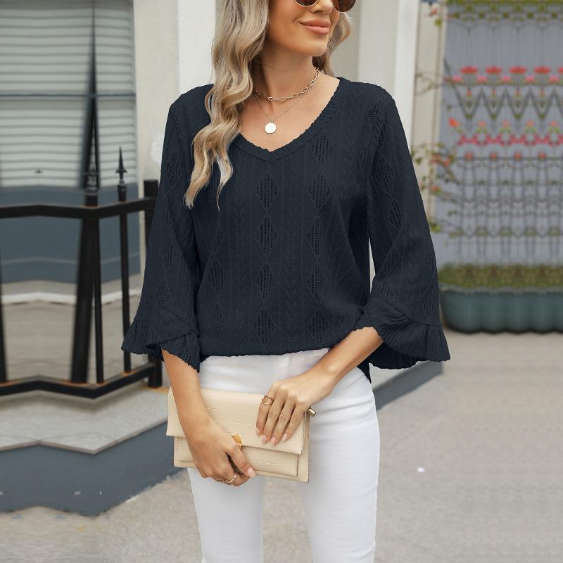 

Весна-лето V-образный вырез ромбовидная сетка ажурный жаккард рукава труба свободные футболки женские XXL чёрный