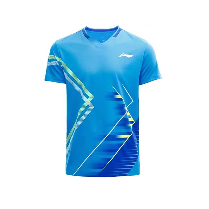 Li Ning High Street Gradient Stand Collar Pullover Fashion Comfortable Short Sleeve Badminton Shirt Unisex shirts Light-Blue AAYV051-4