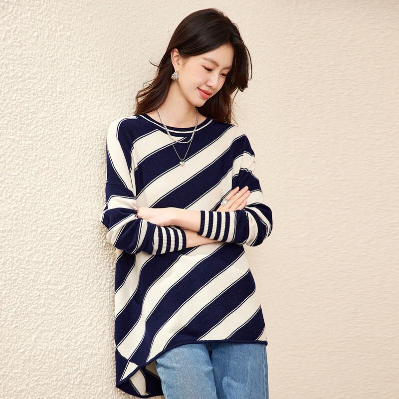 Carbony Women's 100% Wool Striped Round Neck Sweater