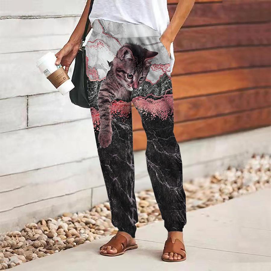 Women Cat Printing Pants Lace Up Elastic Waist Loose  Trousers Casual Long Pants Trousers with Pockets