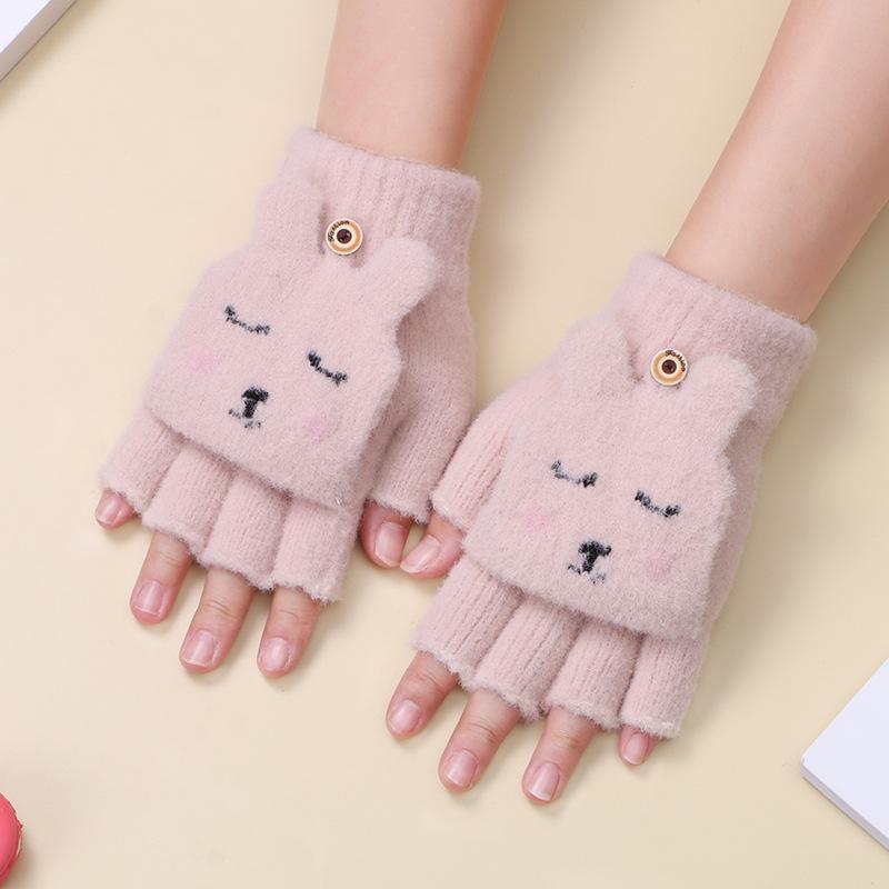 

Зимние новые плюшевые перчатки эластичные вязаные перчатки для девочек милые кролики холодные мультяшные теплые перчатки One size