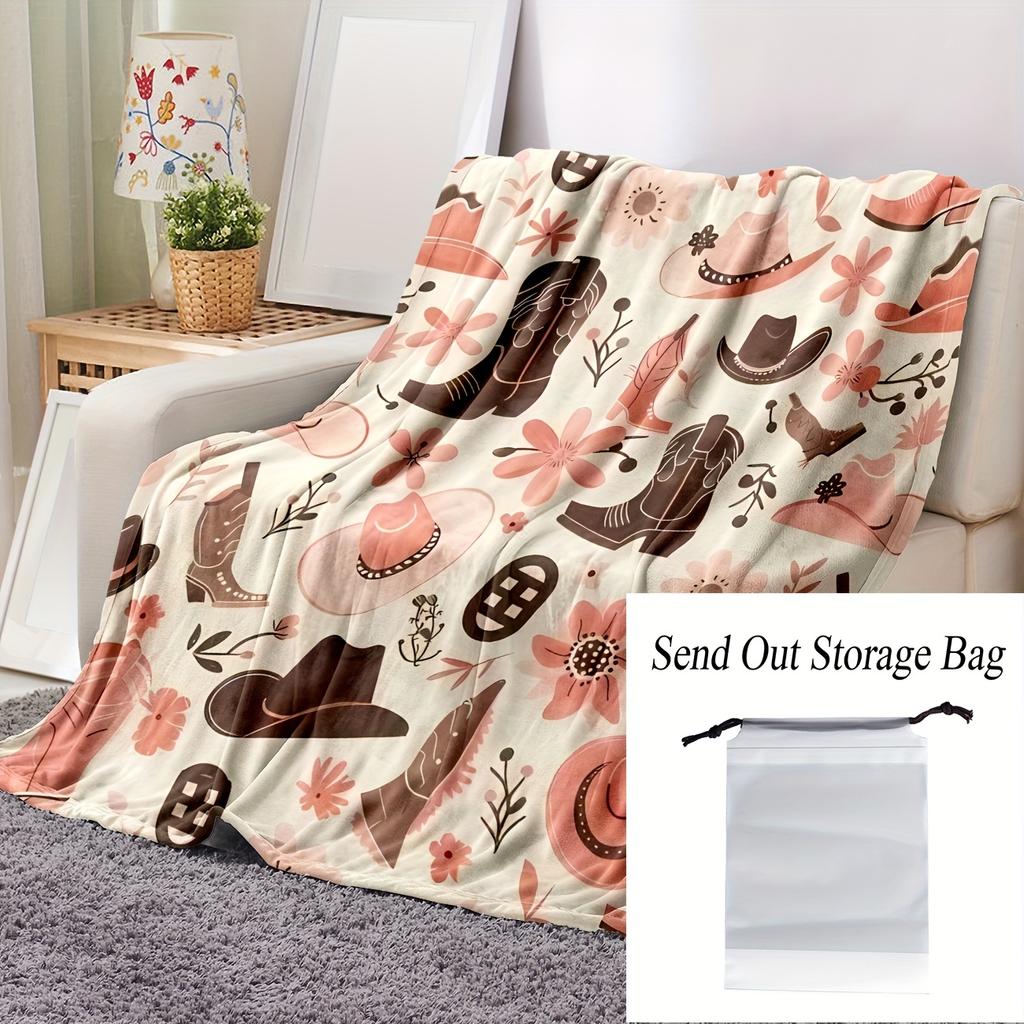Soft Western Cowboy Boot & Hat Design Flannel Throw Blanket - Pink Fleece for Couch, Bed, Travel, Camping