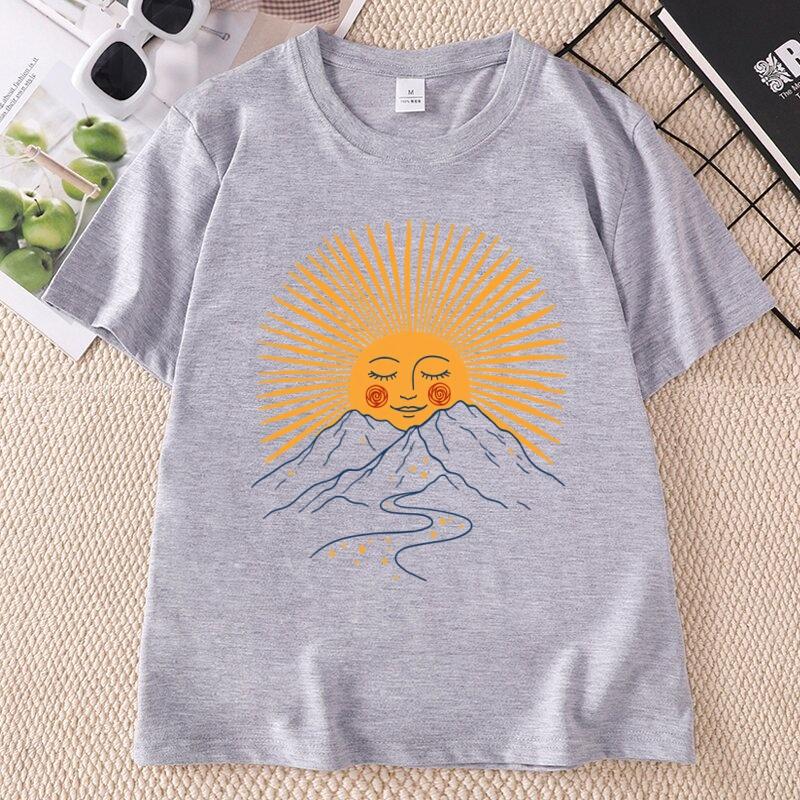 Boho Sun TShirt Comfortable Mountain Graphic Tee Casual Round Neck Celestial Nature Tee Boho Summer Hiking Tops Cotton Short