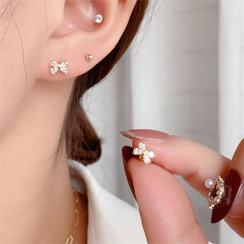925 Sterling Silver Plating 14K Gold Zircon Bow Screws Earrings for Women Korean Exquisite Jewelry Birthday Gift