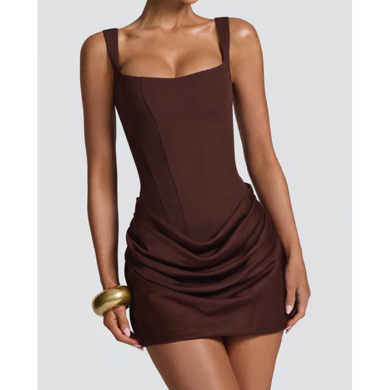 2026 New Women's Sexy Square Neck Sleeveless Bodycon Strap Waist-Cinching Short Dress