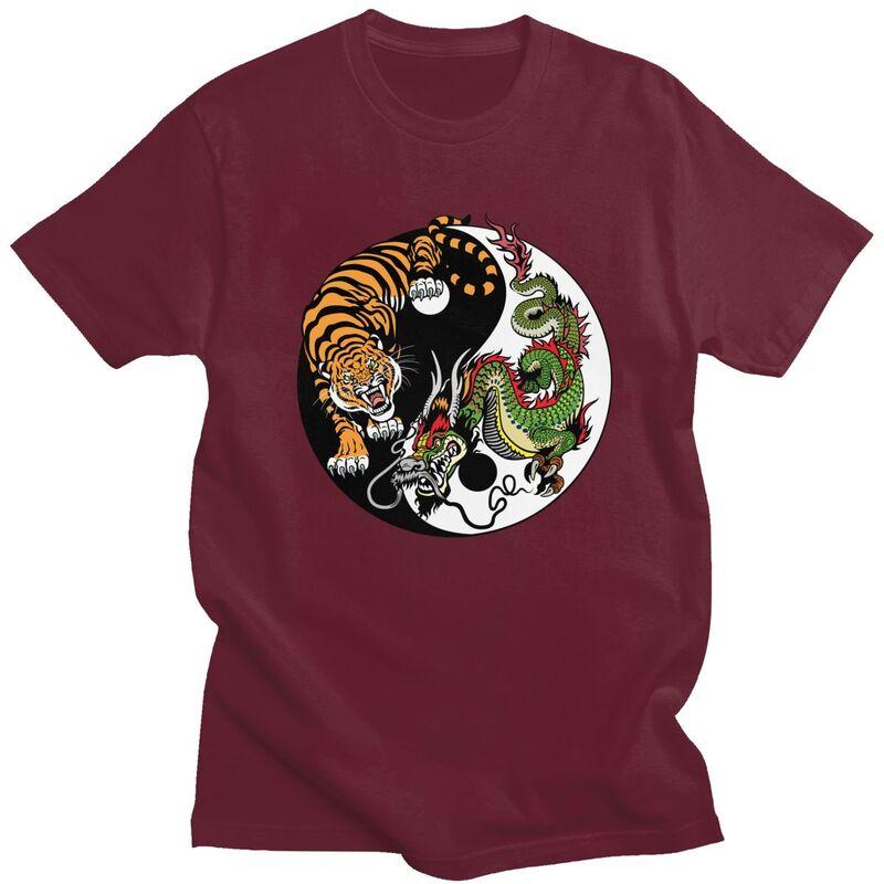 Custom Male Dragon And Tiger Yin Yang Symbol T Shirts Short Sleeve Cotton Tshirt Leisure Tees Slim Fit Clothes