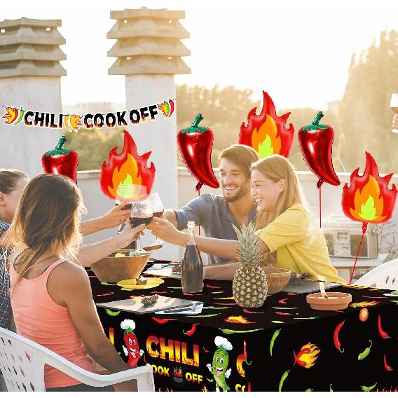 10 Pcs Chili Cook Off Decorations Set Chili Cook Off Banner Chili Pepper Disposable Tablecloth Plastic Table Cover Balloons Fire Balloons Chili