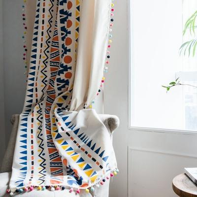 1 Stück Böhmischer Geometrischer Druck Baumwolle Leinen Vorhangpaneel mit Bunten Pompons Wohnzimmer Schlafzimmer