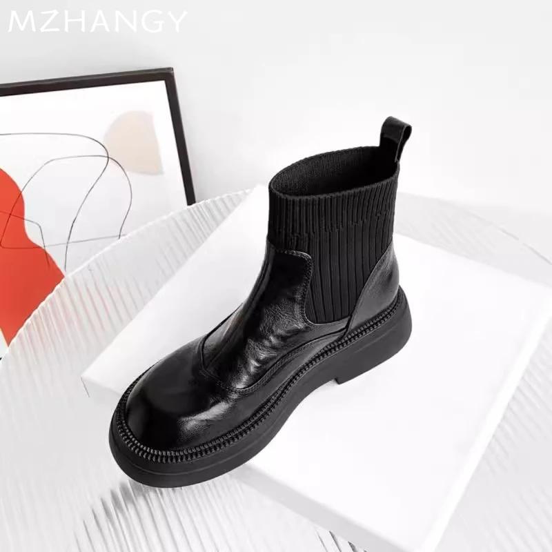 Women Leather Ankle Boots Elegant Flats Shoes Woman 2025 Trend Fashion Winter Warm Dress Snow Cozy Motorcycle Boots Mujer Botas