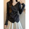 Plus-Size French-Style V-Neck Long-Sleeve T-Shirt for Women, Spring and Autumn, Slim-Fit, Waist-Cinching Knit Top for Curvy Figures