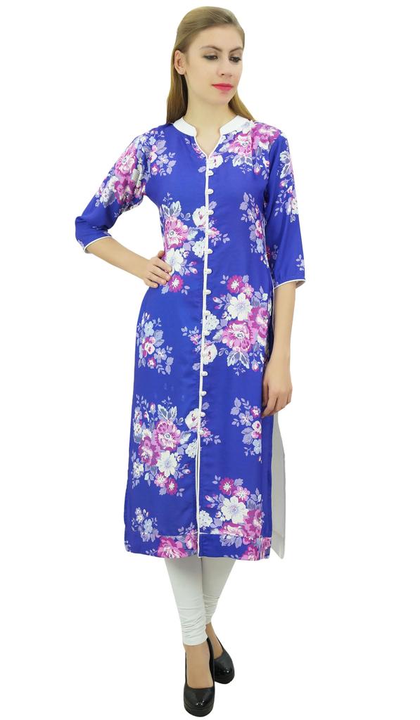 Bimba Women's Floral Printed Designer Straight Blue Casual   Sleeve Kurti -