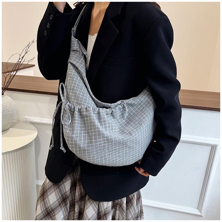 Women's 2025 Korean Style Plaid Canvas Bag - Large Capacity Shoulder & Crossbody Dumpling Bag