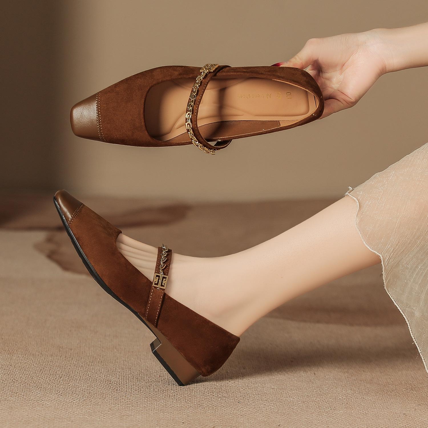 

H8563-3 versatile new square head Mary Jane single shoes women s summer outer wear with skirt low heel women s shoes suede 40