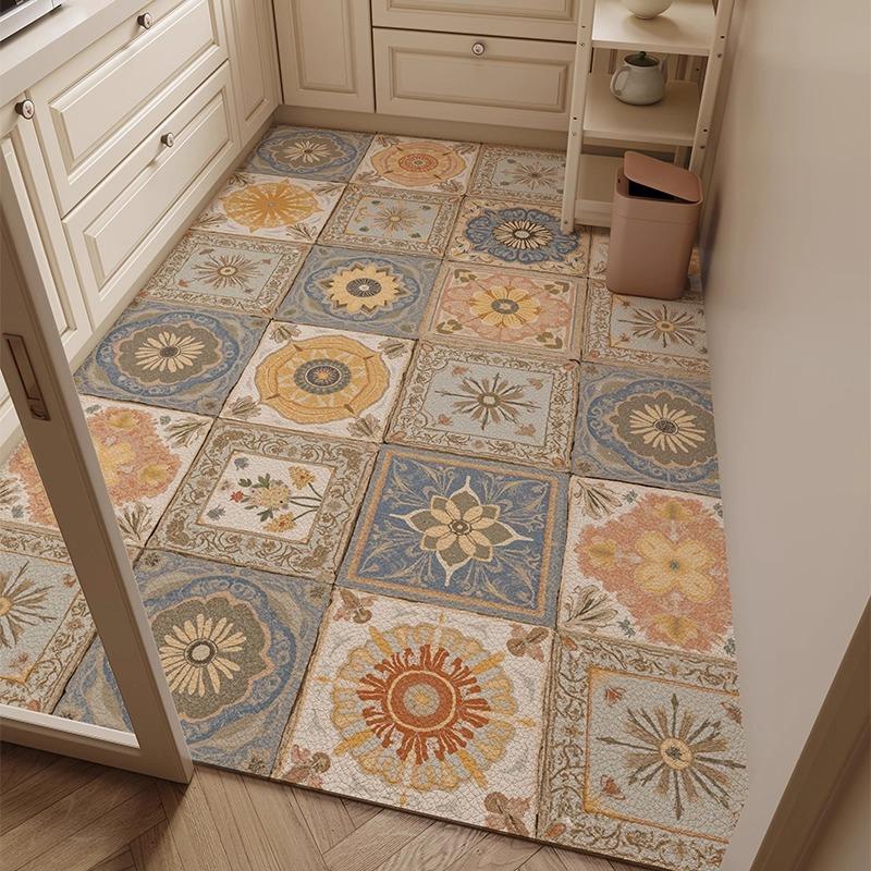 Retro Plaid Kitchen Floor Mat Oil-proof Waterproof PVC Leather Carpet Fashionable Home Decoration Free-cut Balcony Rugs Alfombra