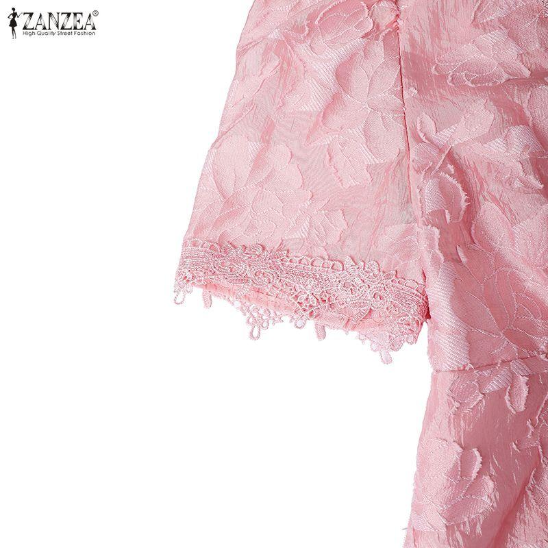 ZANZEA Women V-Neck Summer Short Sleeve Patchwork Lace Dress