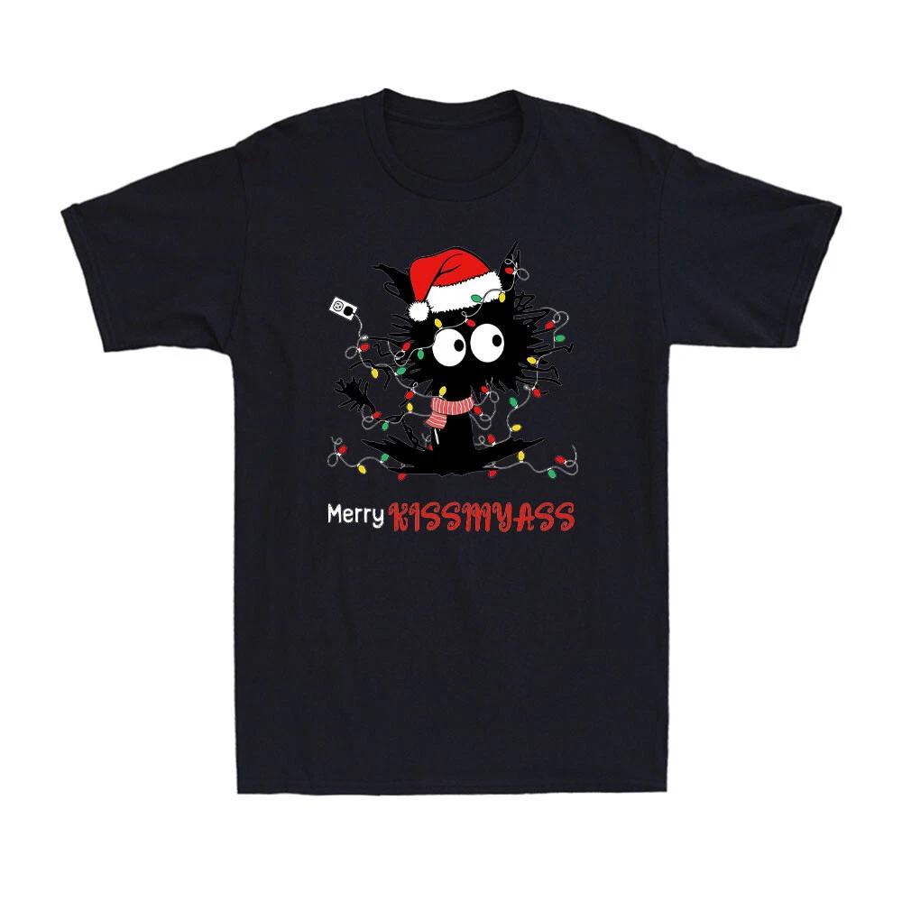 Merry Kissmyass Merry Christmas Black Cat With Christmas Lights Men s T-Shirt XS