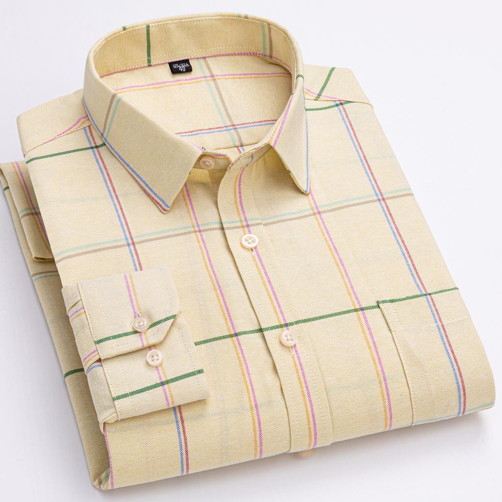 Men's Oxford Shirts Long Sleeve 100% Cotton Casual Plaid Soft Regular Fit Formal Dress Shirt Social Blouse Male Clothes 6XL 7XL