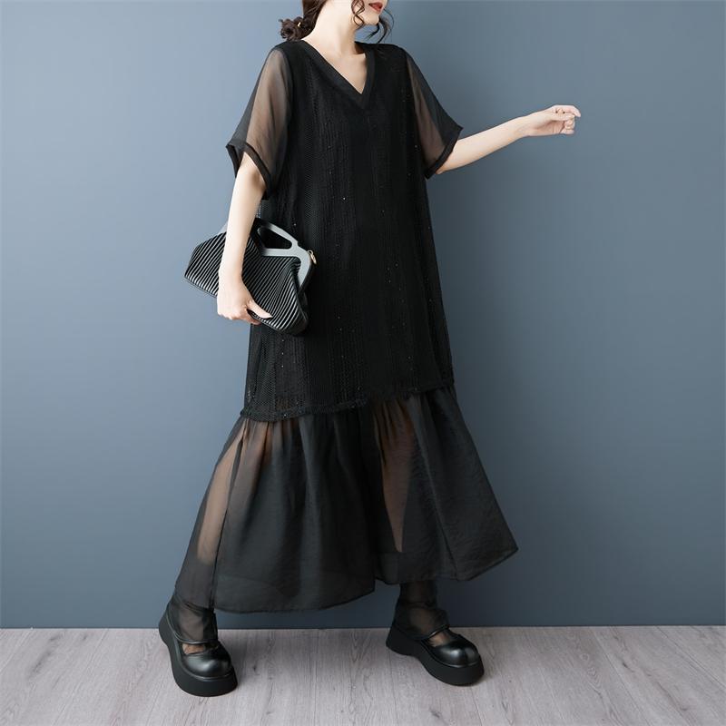 Short Sleeve plus size mesh vintage new in dresses for women casual loose long summer Dress