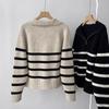 Retro Lapel Half Zipper Contrasting Striped Sweater Women Autumn Lazy Style Pullover Inner Knitted Base Shirt