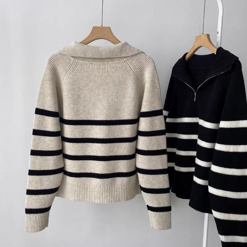 Retro Lapel Half Zipper Contrasting Striped Sweater Women Autumn Lazy Style Pullover Inner Knitted Base Shirt