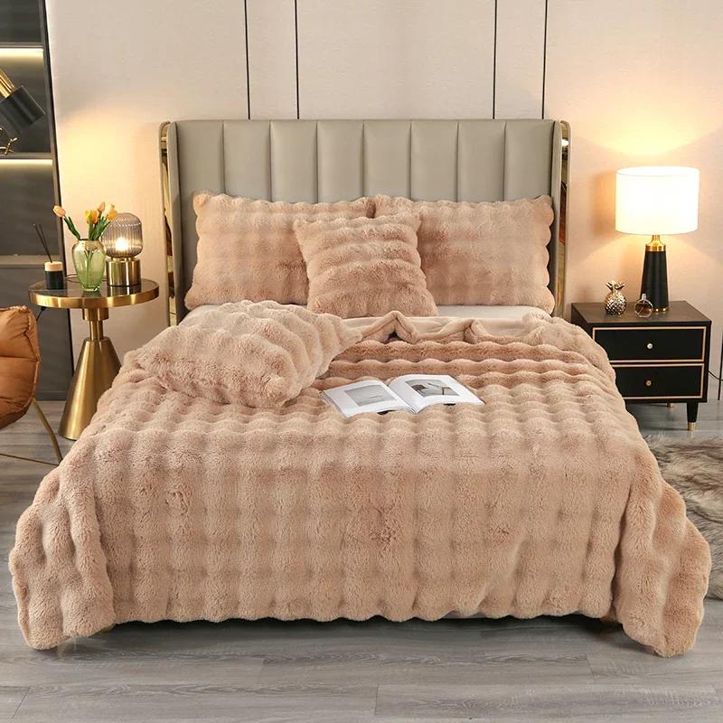 Luxury Soft Faux Fur Throw Blanket Fuzzy Plush Bedspread on the bed plaid sofa cover blankets and throws for living room bedroom