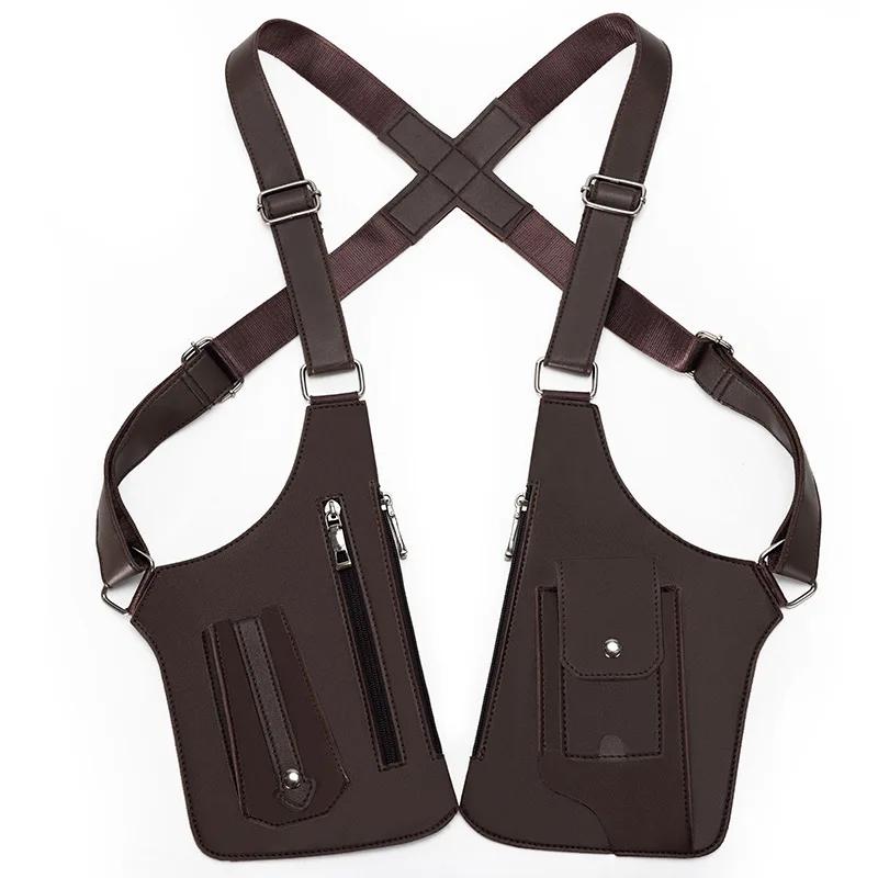Sacoche Poitrine Gilet Anti-Vol Outdoor Multi-Poches Double Sangle d'Épaule Sacs Bandoulière Croisés Dos Homme Cuir PU Imperméable marron