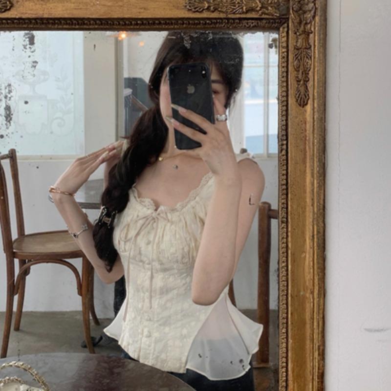 Pure little white flowers, lace waist sleeveless top, thin lace, pure desire for sweet girls, vest women