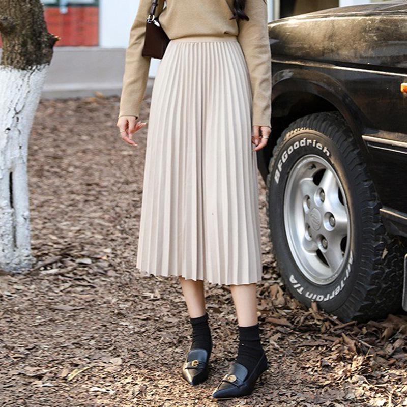 Temperamental Elegant High-Waist Woolen Pleated Skirt - Women's Mid-Length Swing Skirt