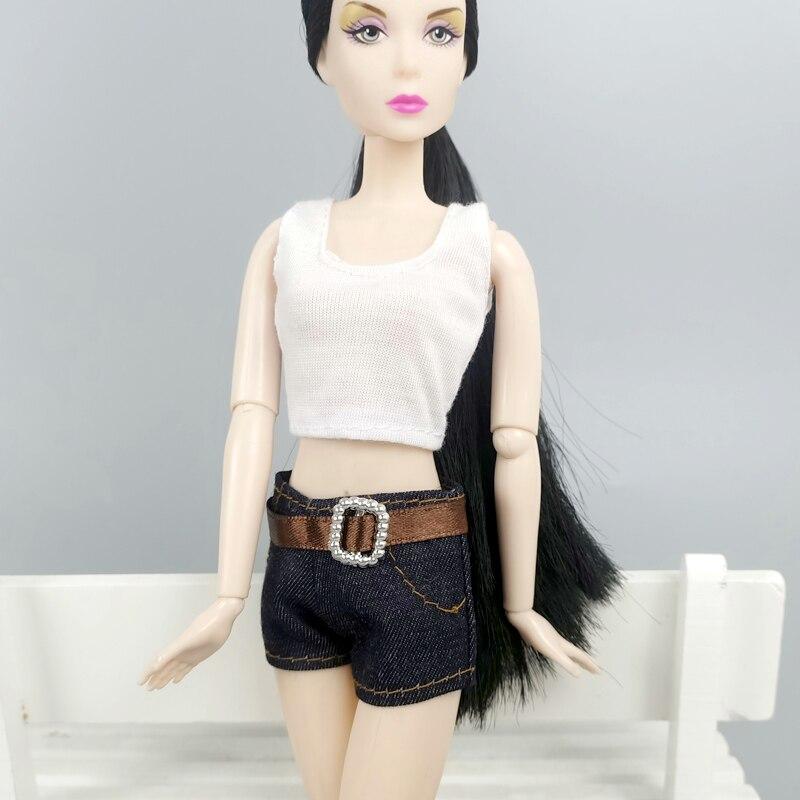 O Neck Sleeveless White Tops + Short Jean Pants Clothes for Barbie Doll 1/6 BJD Doll Clothes Doll House Accessories Kid Toy Girl