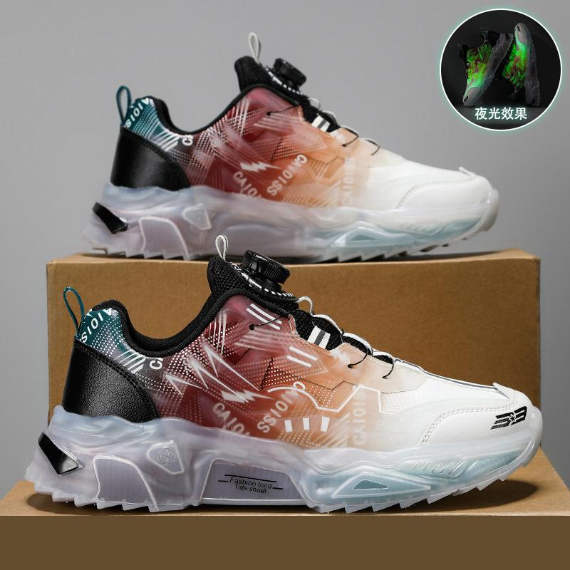 Jinjiang leather surface rotating buckle mecha shoes couple shock absorption running dad shoes ultra-light soft-soled sports shoes