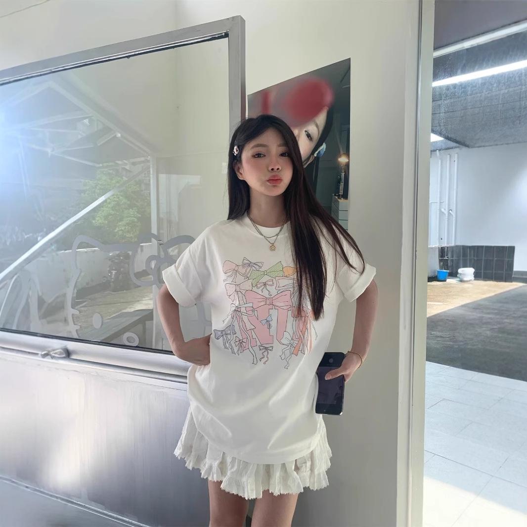 

Американская ретро белая хлопковая футболка с круглым вырезом и принтом бантика - Летняя свободная приталенная посадка 3XL белый