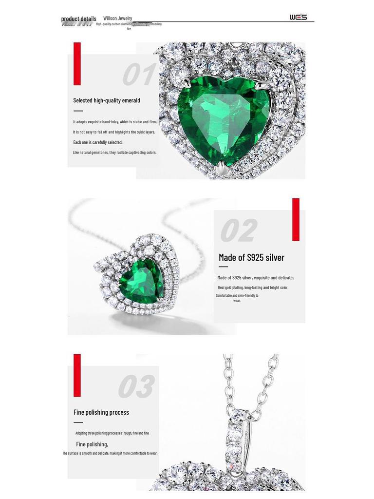 S925 Silver Lab-Grown Emerald Heart Pendant: Retro European-American Style Necklace for Women
