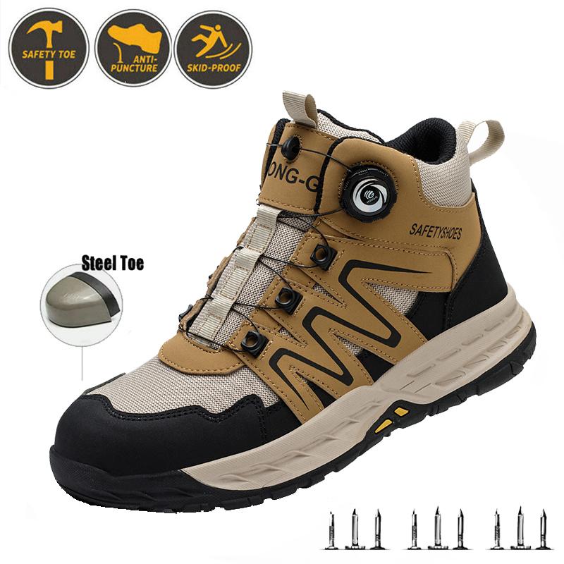 Men'S Work Safety Shoes Steel Toe With Secure Rotary Button Lightweight Breathable Sneakers Design With Anti-Smash Anti-Puncture