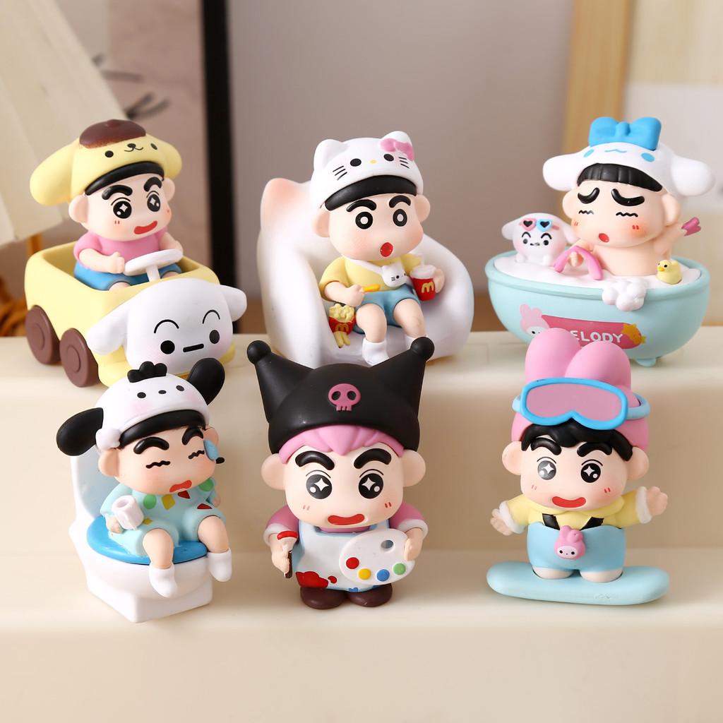 6pcs Crayon Shin Chan Bathing Driving Scene Model Ornament Set For Collectors And Kids