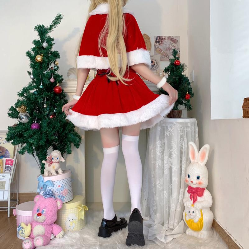 Jesienno-zimowa śliczna świąteczna czerwona szalowa sukienka kobiety słodki pluszowy Patchwork sznurkiem Mini sukienka na imprezę kobieta Kawaii płaszcz Vestido