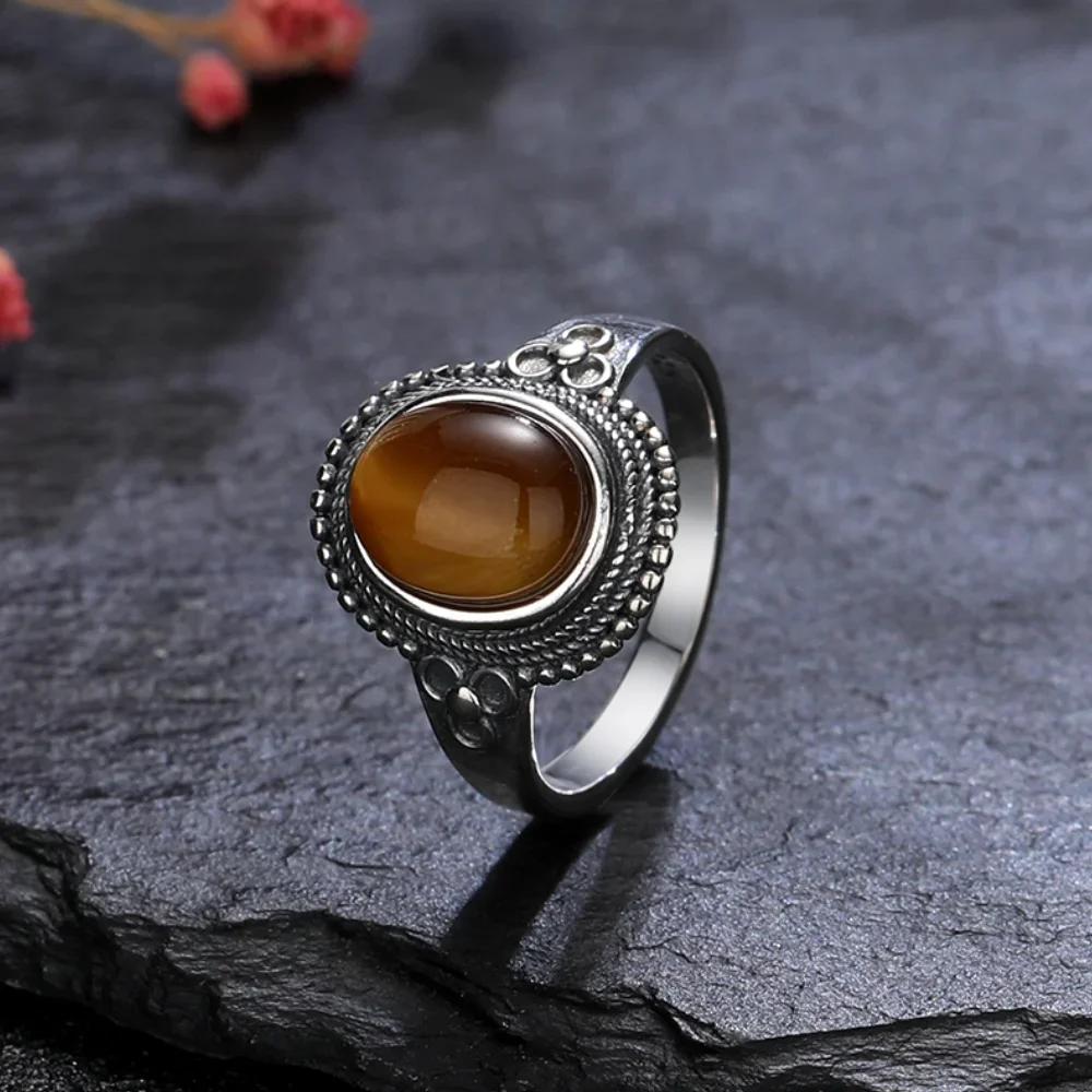 Sterling Silver 925 Vintage Rings Oval 8X10mm Rings Black Onyx Natural Fine Jewelry For Men Women Rhodochrosite Rings