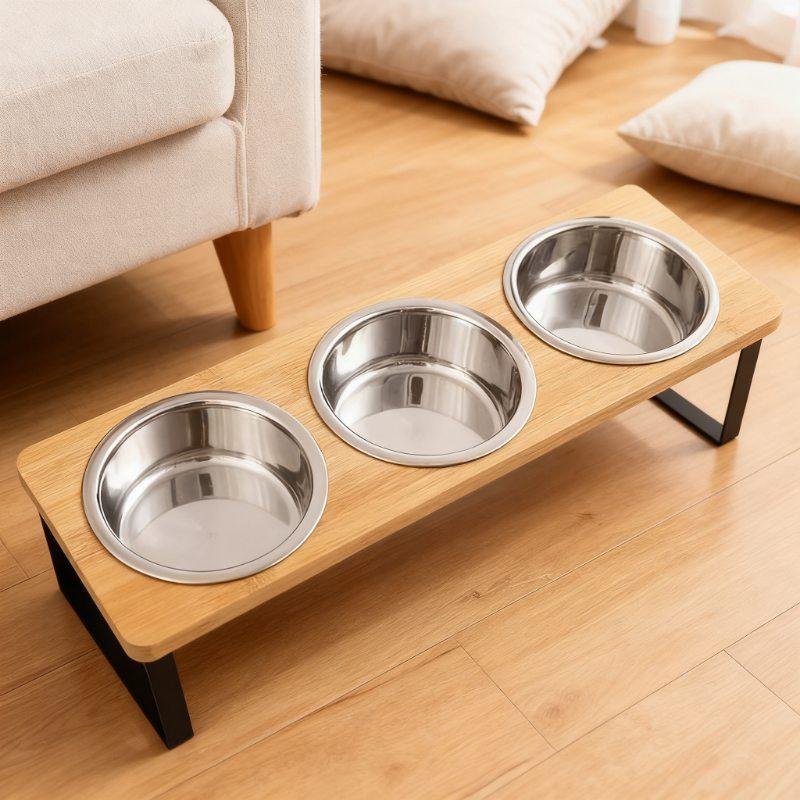 Elevated Cat Bowls 15° Tilted Raised Cat Food Bowls with Wooden Stand Anti Vomiting 2Stainless Steel Bowls for Cats and Puppy