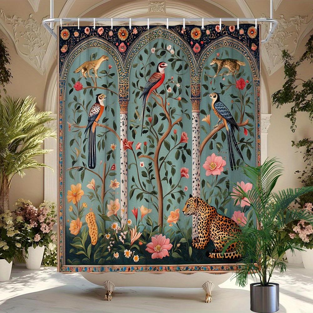 

Persian Style Vibrant Bird Shower Curtain Floral Design With 12 Hooks Machine Washable Bathroom Decorative Shower Curtain W60H190(CM)-1 Pcs