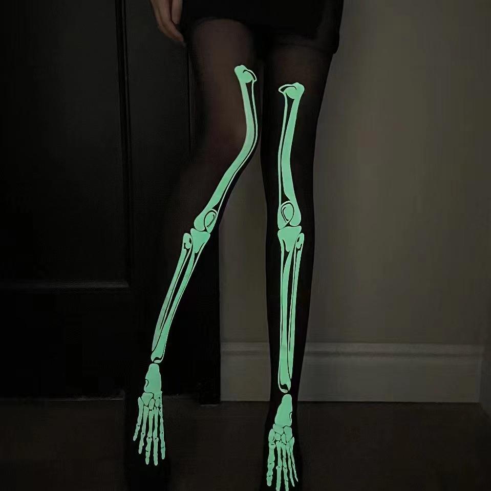 Glow-in-the-dark white bones for disco dancing JK Pantyhose Halloween Hot-Selling Props: Black Glowing Pantyhose