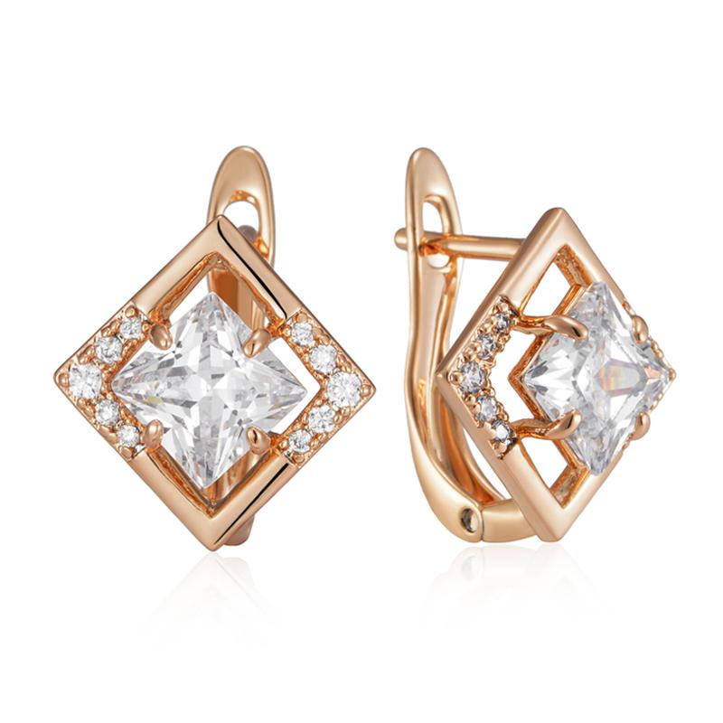 Luxury Rose Gold Color English Earrings For Women Simple Shiny Square Natural Zircon Accessories Wedding Fine Jewelry