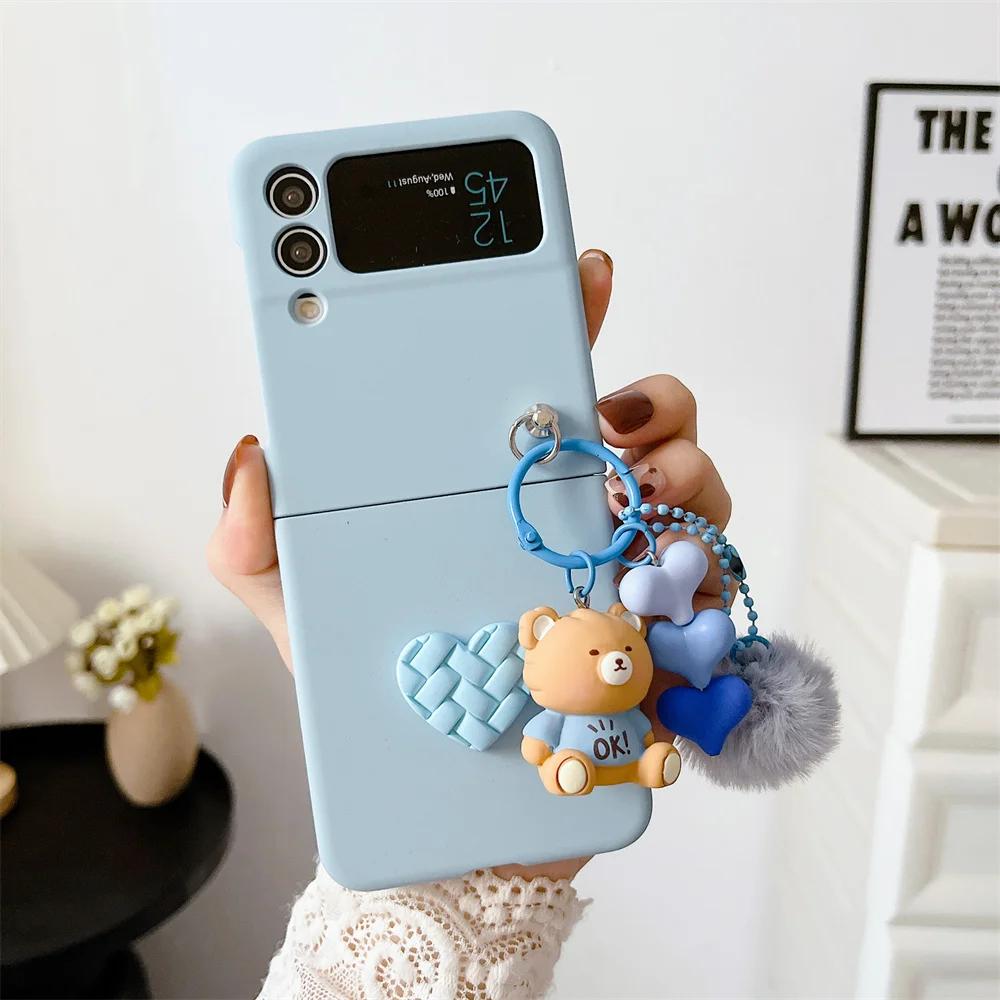 For Samsung Galaxy Z Flip 7 FE Cartoon Bear Love Heart Case For Samsung Z Flip 7 6 5 4 ZFlip 7 Hairball 3D Cartoon Pendant Cover