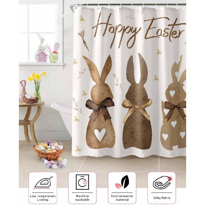 Happy Easter Shower Curtain Bunny Bathroom Curtains with Hooks, Waterproof Fabric Flower Carrot Rabbit Shower Curtains Set for Bathroom Bathtubs